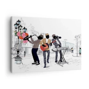 Schilderen op canvas - Straatmuzikanten spelen tegen de achtergrond van een stedelijk landschap - 70x50cm - Straatmuziek - Moderne wanddecoratie voor woonkamer en slaapkamer ARTTOR