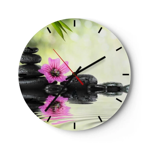 Wandklok - Klok - Zenstenen met een roze bloem tegen een natuurlijke achtergrond - 30x30cm - Tijd voor de ziel - Moderne wanddecoratie voor woonkamer, keuken en slaapkamer ARTTOR
