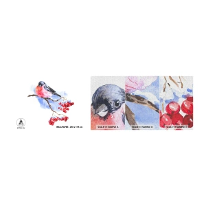 Fotobehang Monster Premium Canvas - Winter in kleur - Vogel Op Een Tak, Rode lijsterbes, Grafisch - 100x30 cm