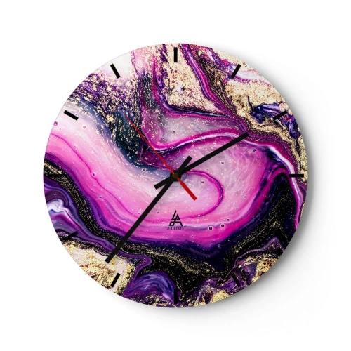 Wandklok - Klok - Een abstract patroon in tinten paars en goud met een wervelend motief. - 30x30cm - Een momentje achter de schermen - Moderne wanddecoratie voor woonkamer, keuken en slaapkamer ARTTOR