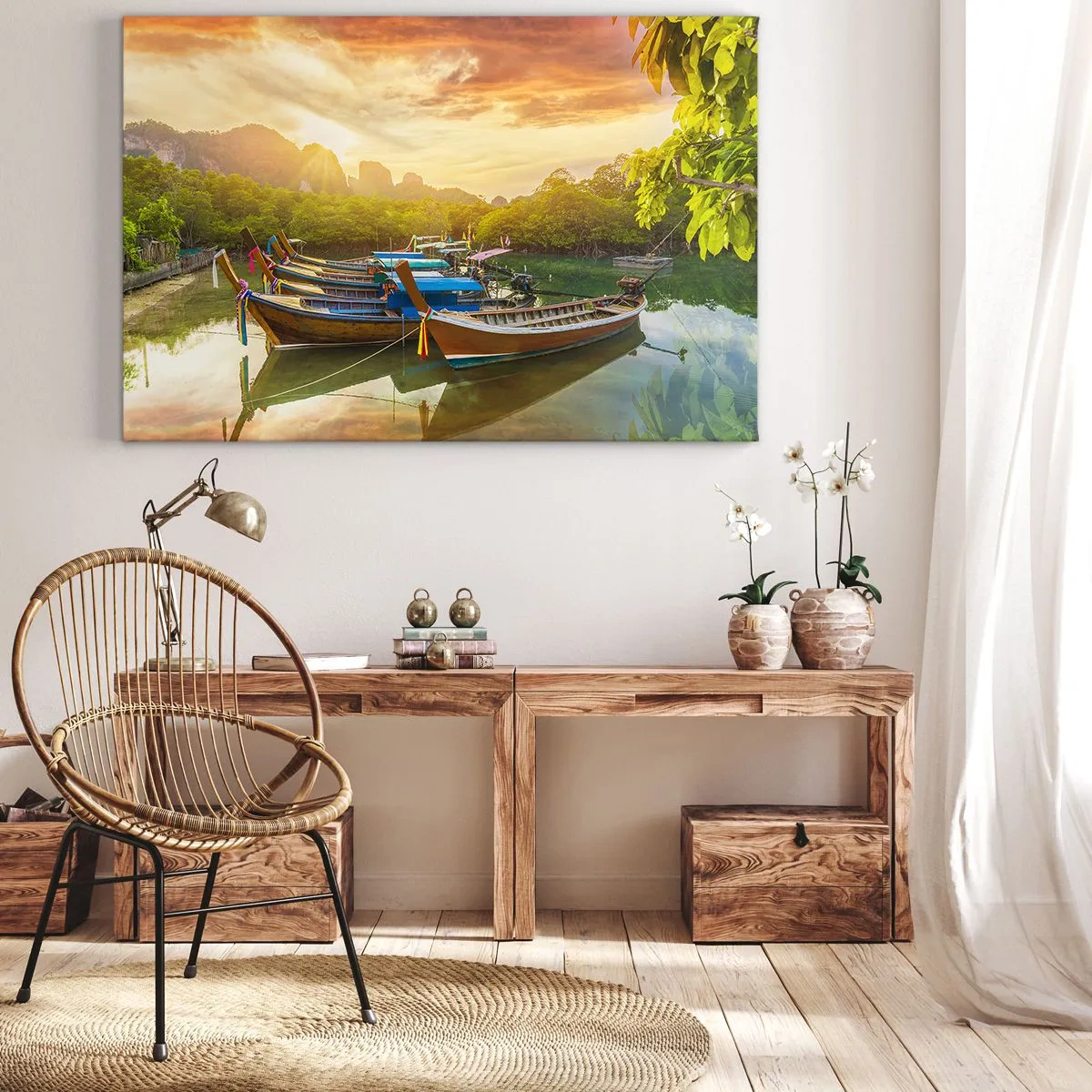 Schilderen op canvas - Traditionele boten op kalm water bij zonsondergang - 70x50cm - Voor een drukke dag - Moderne wanddecoratie voor woonkamer en slaapkamer ARTTOR