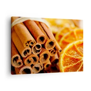 Schilderen op canvas - Kaneelstokjes met gedroogde sinaasappelschijfjes in warme kleuren - 70x50cm - Kun je hun geur ruiken? - Moderne wanddecoratie voor woonkamer en slaapkamer ARTTOR