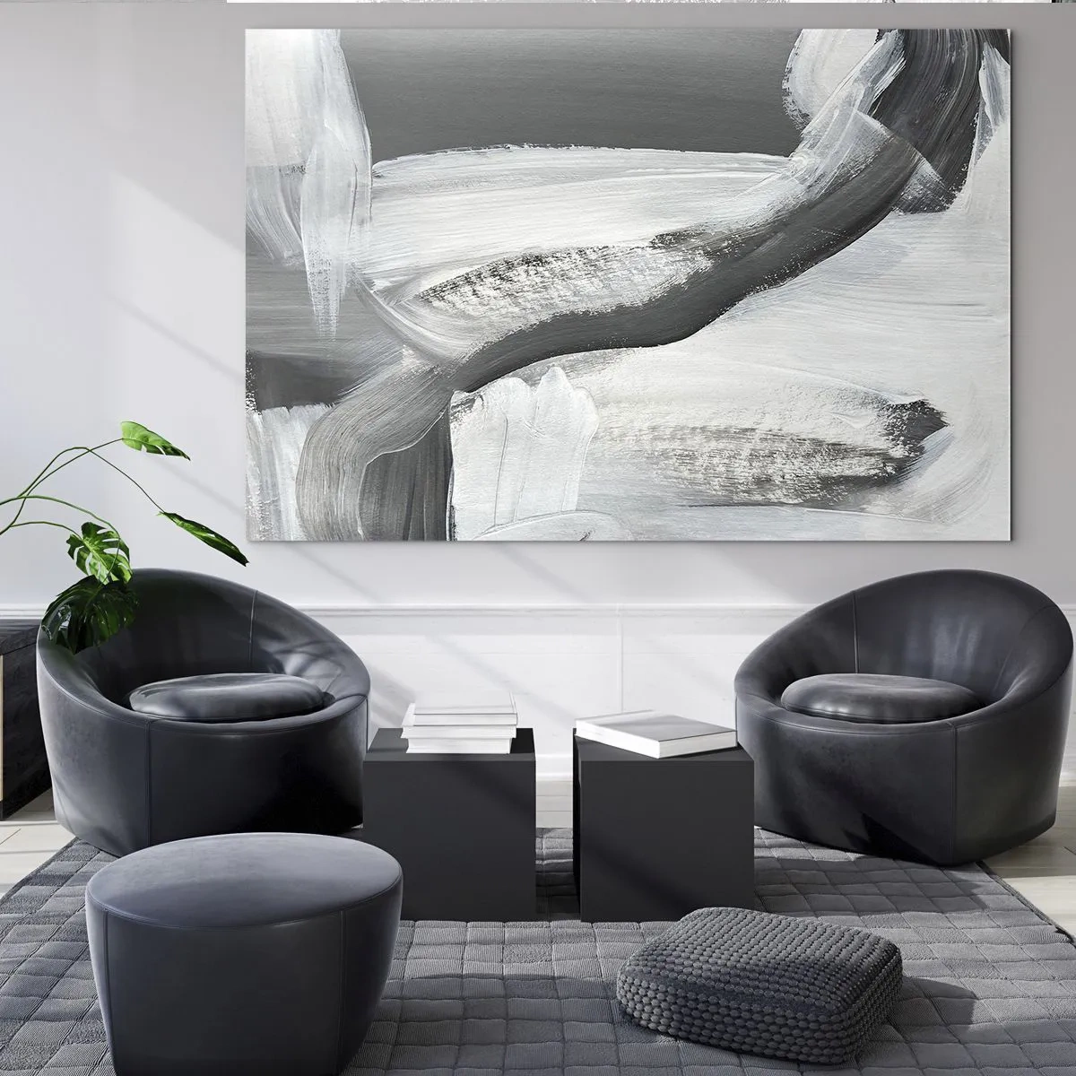Schilderen op glas - Zwart-wit abstractie met dynamische penseelstreken. - 70x50cm - Een beslissende beweging - Moderne wanddecoratie voor woonkamer en slaapkamer ARTTOR