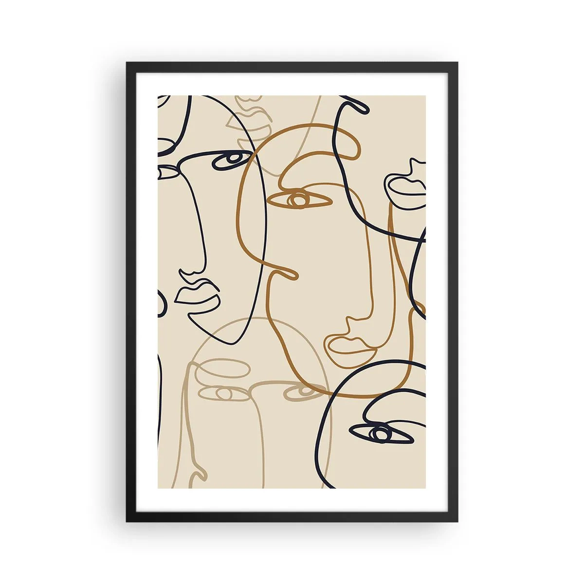 Poster in een zwarte lijst - Minimalistische tekeningen van gezichten op een beige achtergrond - 50x70cm - Het portret is vermenigvuldigd - Moderne wanddecoratie voor woonkamer en slaapkamer ARTTOR