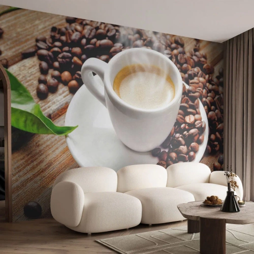 Fotobehang Premium Canvas - Koffie op de bank - Gastronomie, Koffie, Beker - 250x175 cm