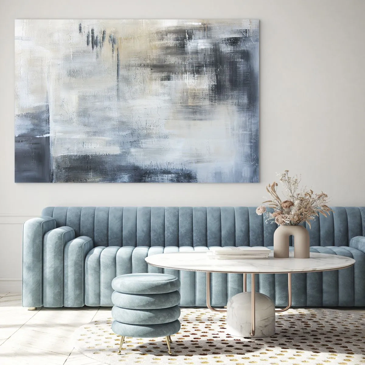 Schilderen op glas - Abstracte compositie in tinten blauw en grijs - 70x50cm - Achter het blauwe gordijn - Moderne wanddecoratie voor woonkamer en slaapkamer ARTTOR