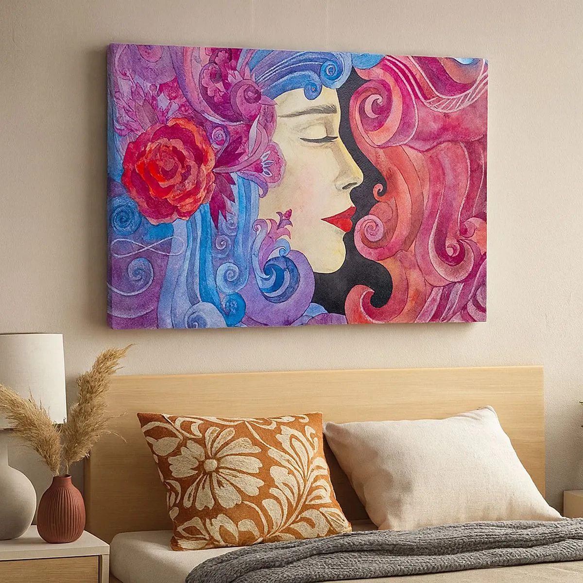 Schilderen op canvas - Kleurrijk profiel van een vrouw in een artistieke stijl - 70x50cm - De Art Nouveau leeft nog - Moderne wanddecoratie voor woonkamer en slaapkamer ARTTOR