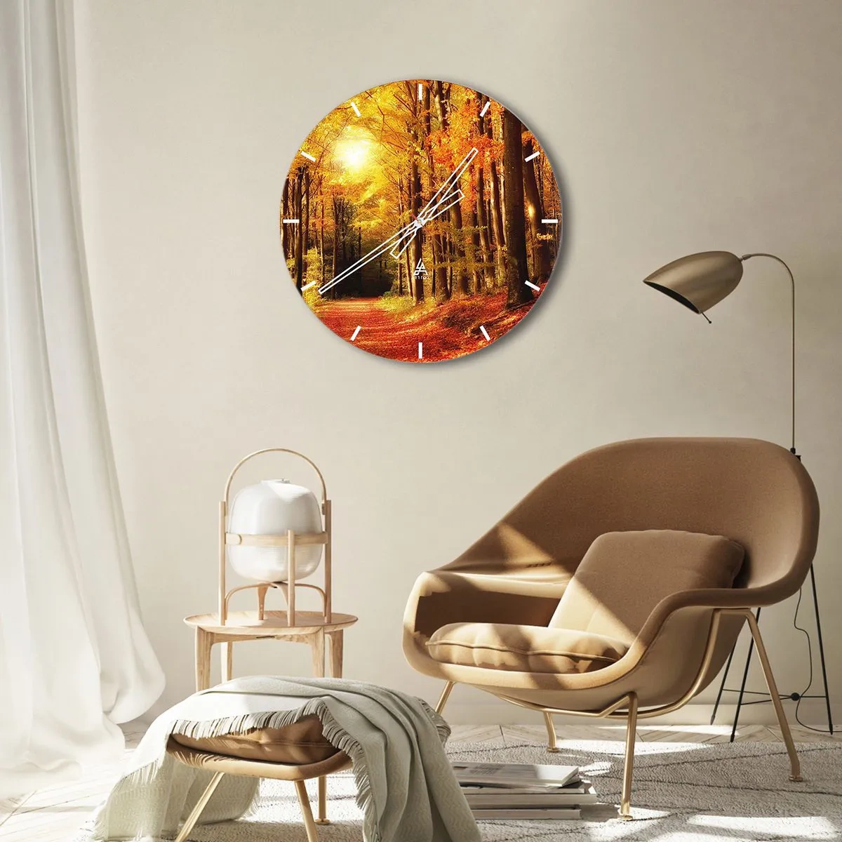 Wandklok - Klok - Gouden herfst op een bosweg - 40x40 cm