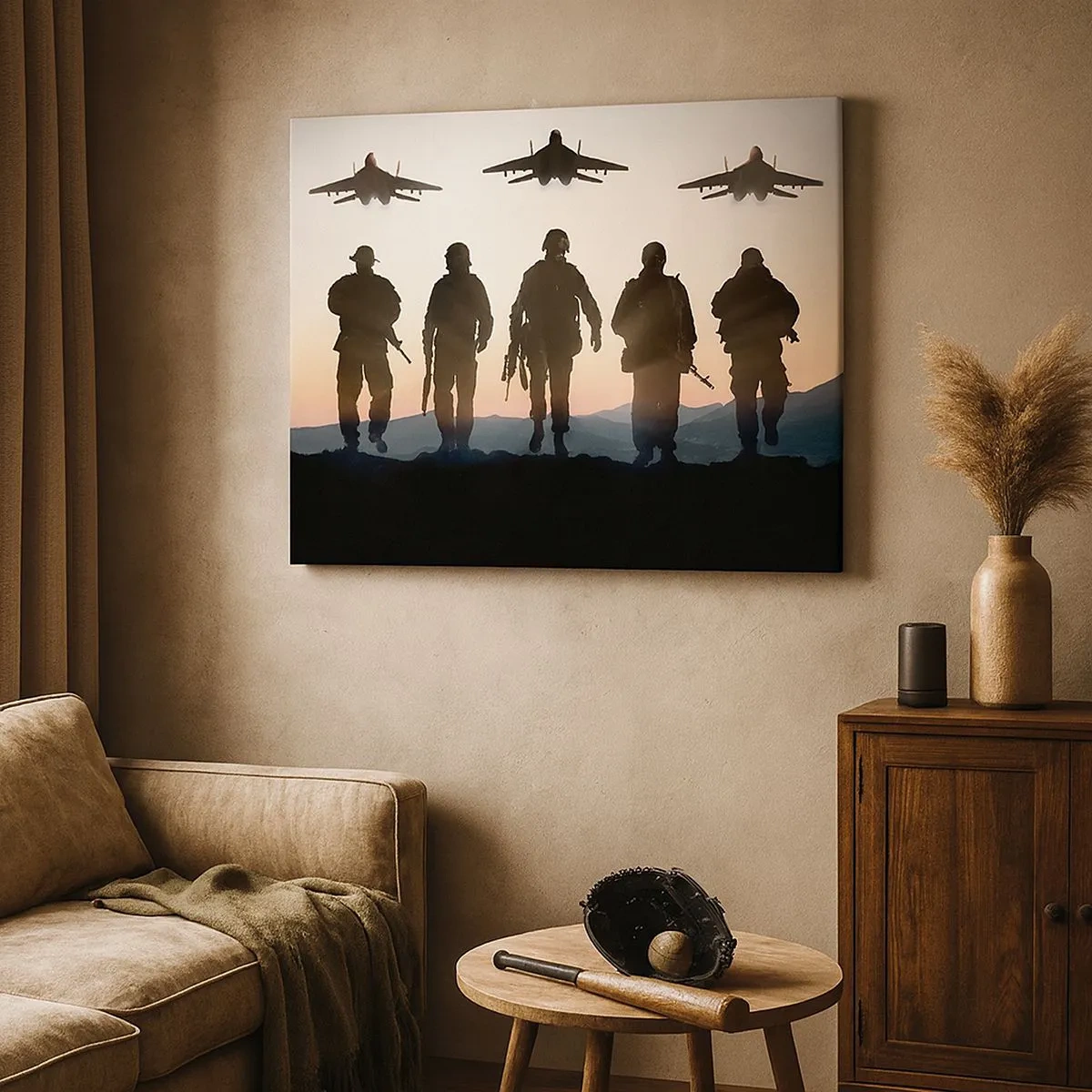Schilderen op canvas - Silhouetten van soldaten en straaljagers tegen de achtergrond van de zonsondergang - 70x50cm - Welkom in onze wereld - Moderne wanddecoratie voor woonkamer en slaapkamer ARTTOR