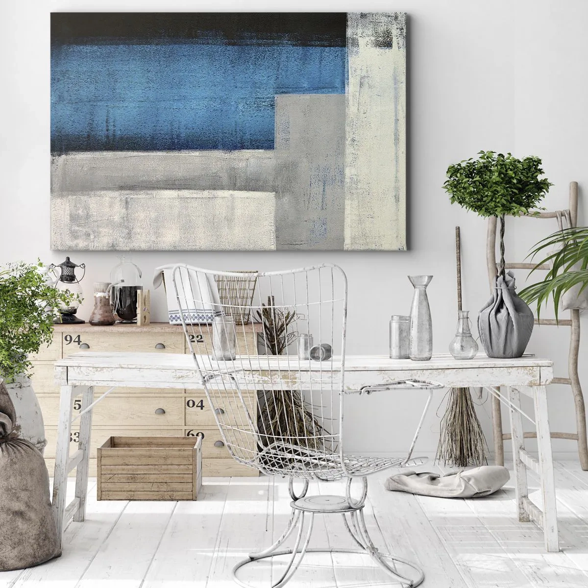 Schilderen op canvas - Een abstracte compositie met tinten blauw, grijs en wit. - 70x50cm - Een poëtische compositie van grijs en blauw - Moderne wanddecoratie voor woonkamer en slaapkamer ARTTOR
