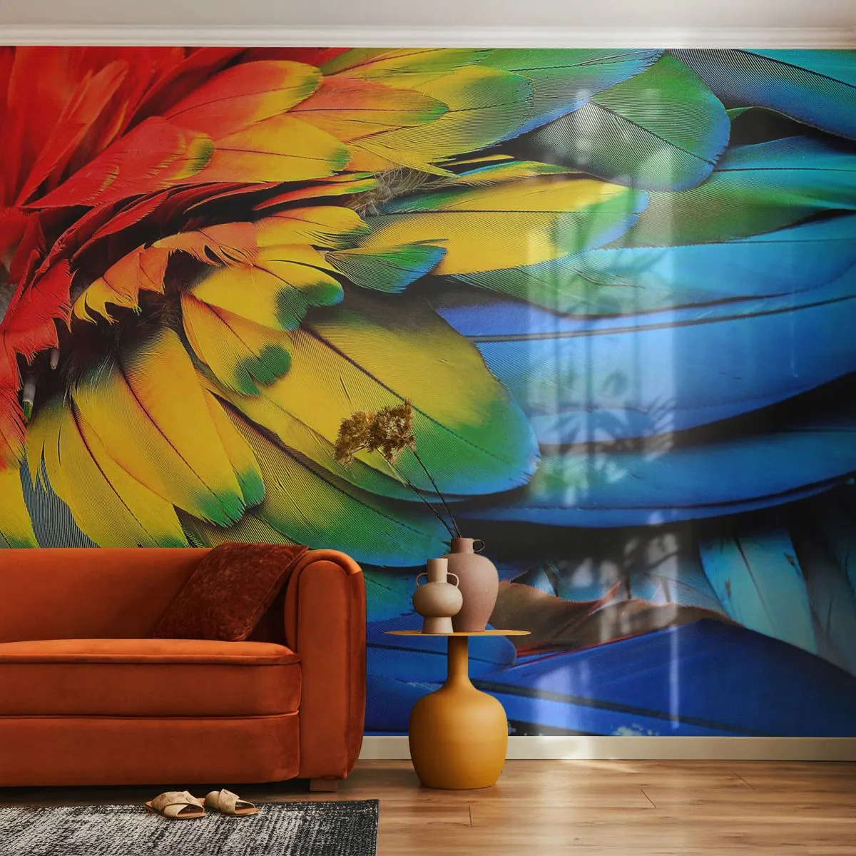 Fotobehang Premium Sand - Paradijsvogel - Kleurrijke veren, Papegaai veren, Dieren - 100x70 cm