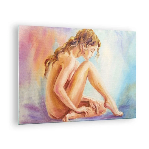 Schilderen op glas - Een vrouw in subtiele weerspiegeling tegen een achtergrond van pastelkleuren - 70x50cm - De daad van de jeugd - Moderne wanddecoratie voor woonkamer en slaapkamer ARTTOR