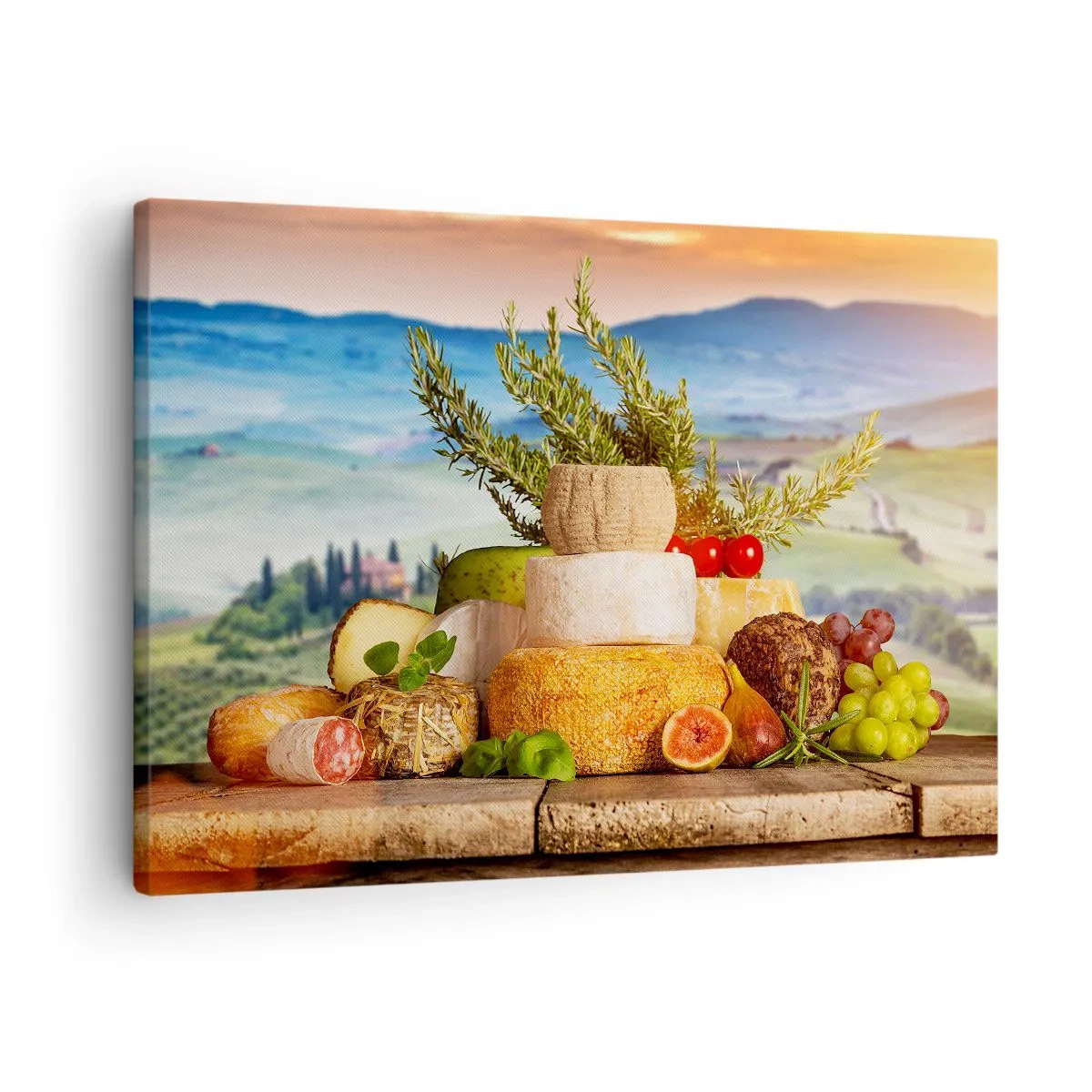 Schilderen op canvas - Een compositie van kazen en fruit tegen de achtergrond van het Toscaanse landschap - 70x50cm - De Italiaanse levensvreugde - Moderne wanddecoratie voor woonkamer en slaapkamer ARTTOR