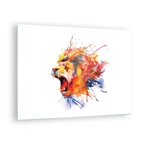 Schilderen op glas - Kleurrijke leeuw in aquarelstijl op een witte achtergrond - 70x50cm - Van woede exploderen - Moderne wanddecoratie voor woonkamer en slaapkamer ARTTOR