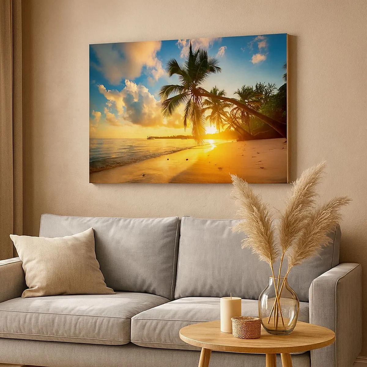 Schilderen op canvas - Zonsondergangstrand met palmbomen aan de kust - 70x50cm - Caribische droom - Moderne wanddecoratie voor woonkamer en slaapkamer ARTTOR
