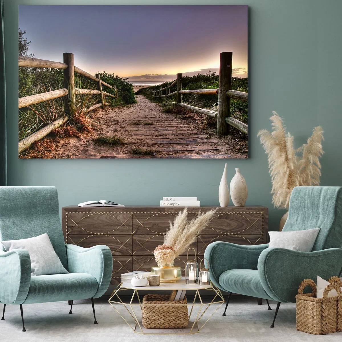 Schilderen op canvas - Houten pad in de duinen dat naar het strand leidt bij zonsondergang - 70x50cm - Het doel is al zichtbaar - Moderne wanddecoratie voor woonkamer en slaapkamer ARTTOR