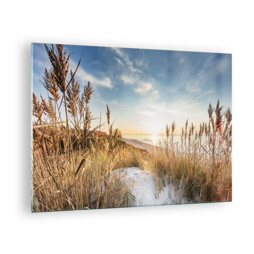 Schilderen op glas - Zonsondergang over een strand met met gras bedekte duinen - 70x50cm - Noord strand - Moderne wanddecoratie voor woonkamer en slaapkamer ARTTOR