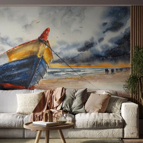 Fotobehang Premium Canvas - Rust aan de kust - Landschap, Boot, Kust - 200x140 cm