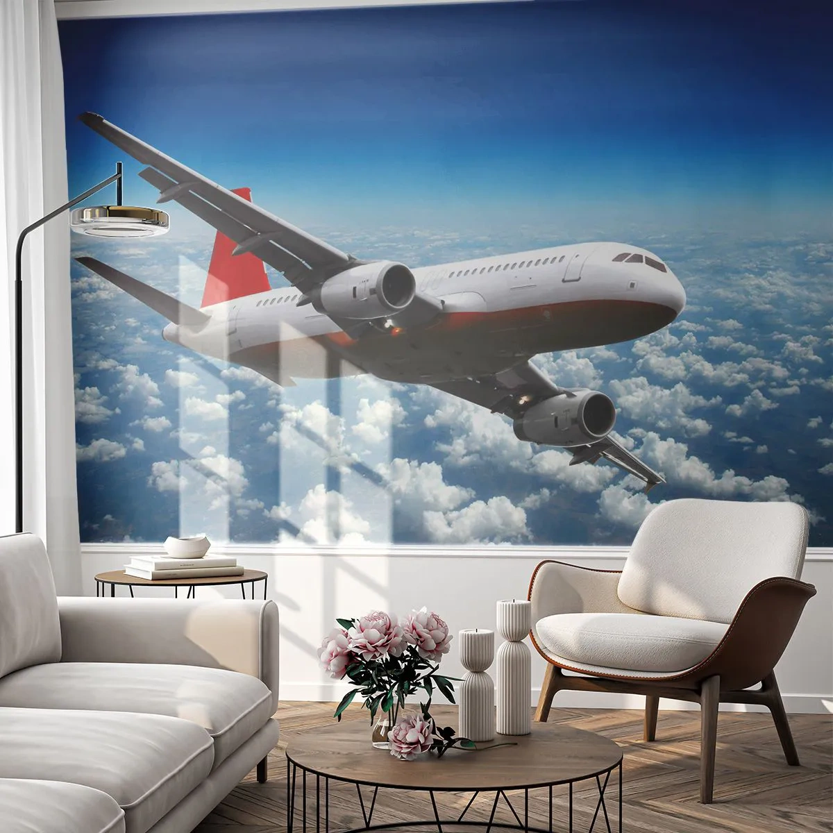 Zelfklevend Fotobehang Deluxe Sticker - Even weg van alles - Vliegtuig, Reizen, Wolken - 250x175 cm