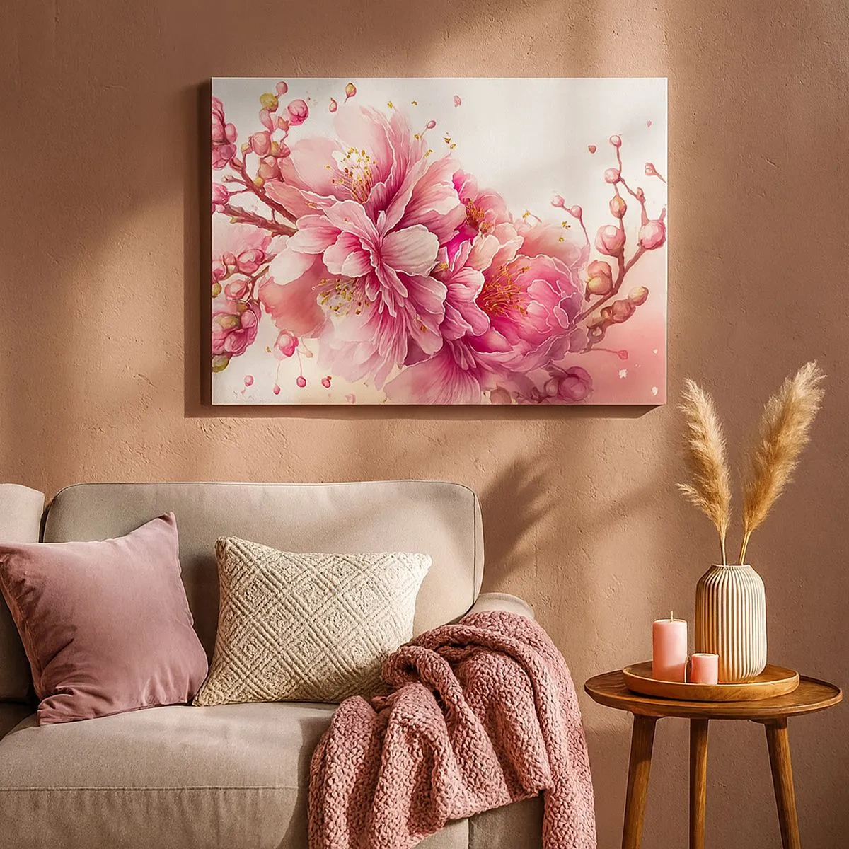Schilderen op canvas - Tedere kersenbloesems in volle bloei tegen een lichte achtergrond - 70x50cm - Kersenbloesem  - Moderne wanddecoratie voor woonkamer en slaapkamer ARTTOR