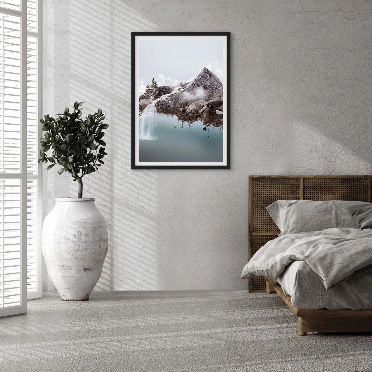 Poster in een zwarte lijst - Berglandschap met waterval en wolken - 50x70cm - Gezien met het oog van een surrealist - Moderne wanddecoratie voor woonkamer en slaapkamer ARTTOR