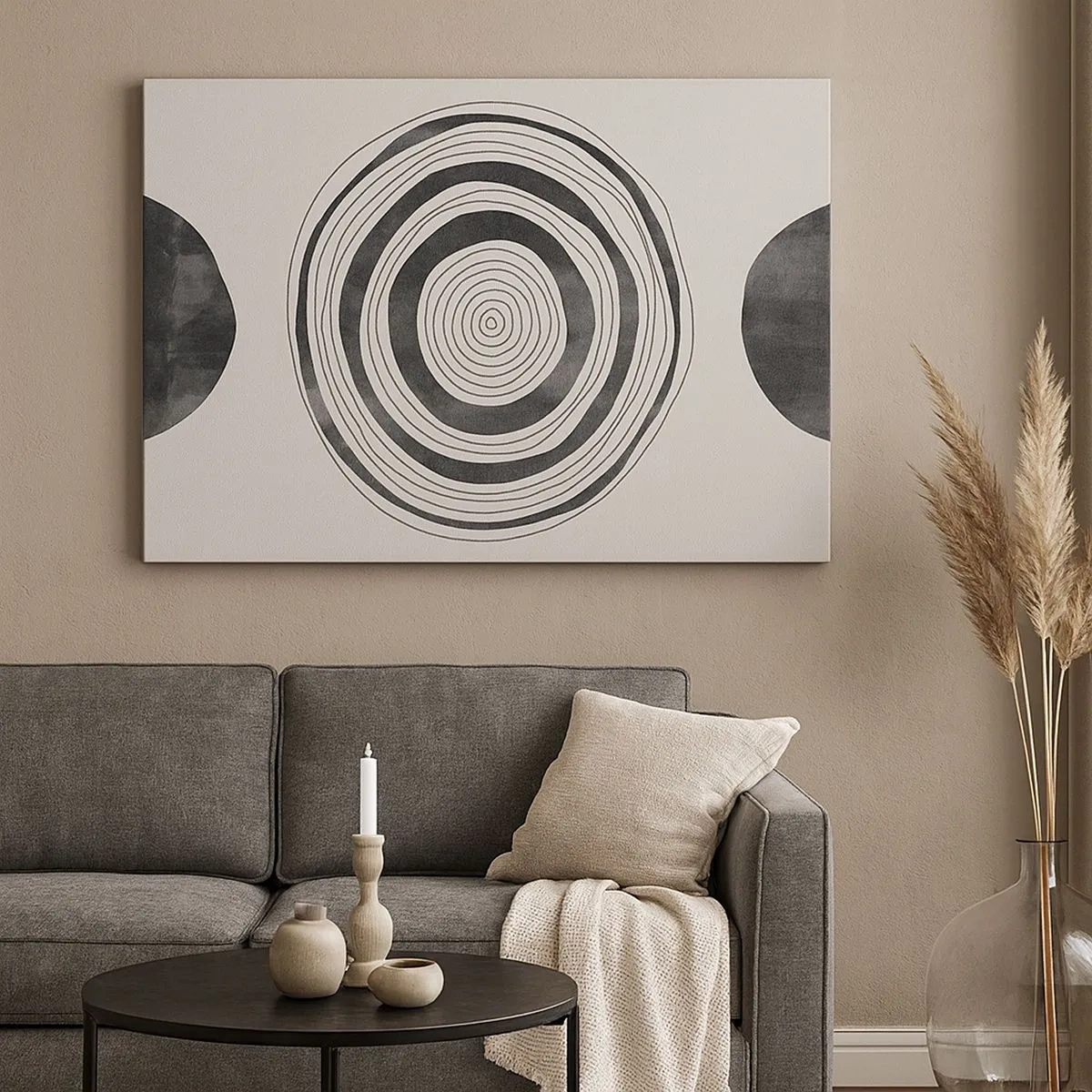 Schilderen op canvas - Minimalistische zwart-witte cirkels op een lichte achtergrond - 70x50cm - Wat belangrijk is, is wat er tussenin zit - Moderne wanddecoratie voor woonkamer en slaapkamer ARTTOR