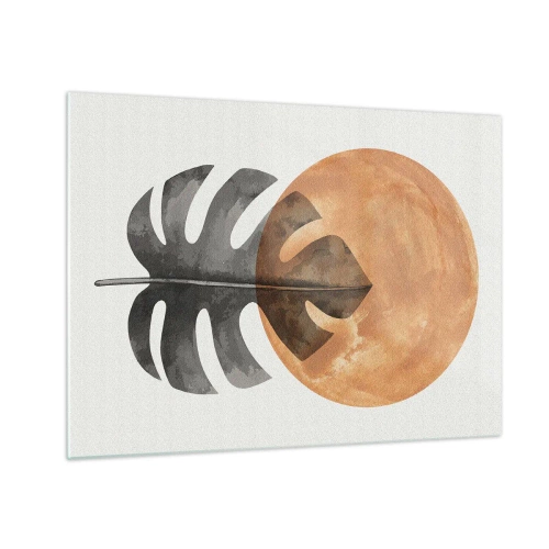 Schilderen op glas - Monstera-blad en oranje cirkel in grafische stijl op witte achtergrond. - 70x50cm - Altijd de zon - Moderne wanddecoratie voor woonkamer en slaapkamer ARTTOR