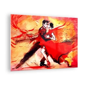 Schilderen op glas - Een paar dat danst in een dynamische rode compositie - 70x50cm - Het paarse ritme van passie - Moderne wanddecoratie voor woonkamer en slaapkamer ARTTOR