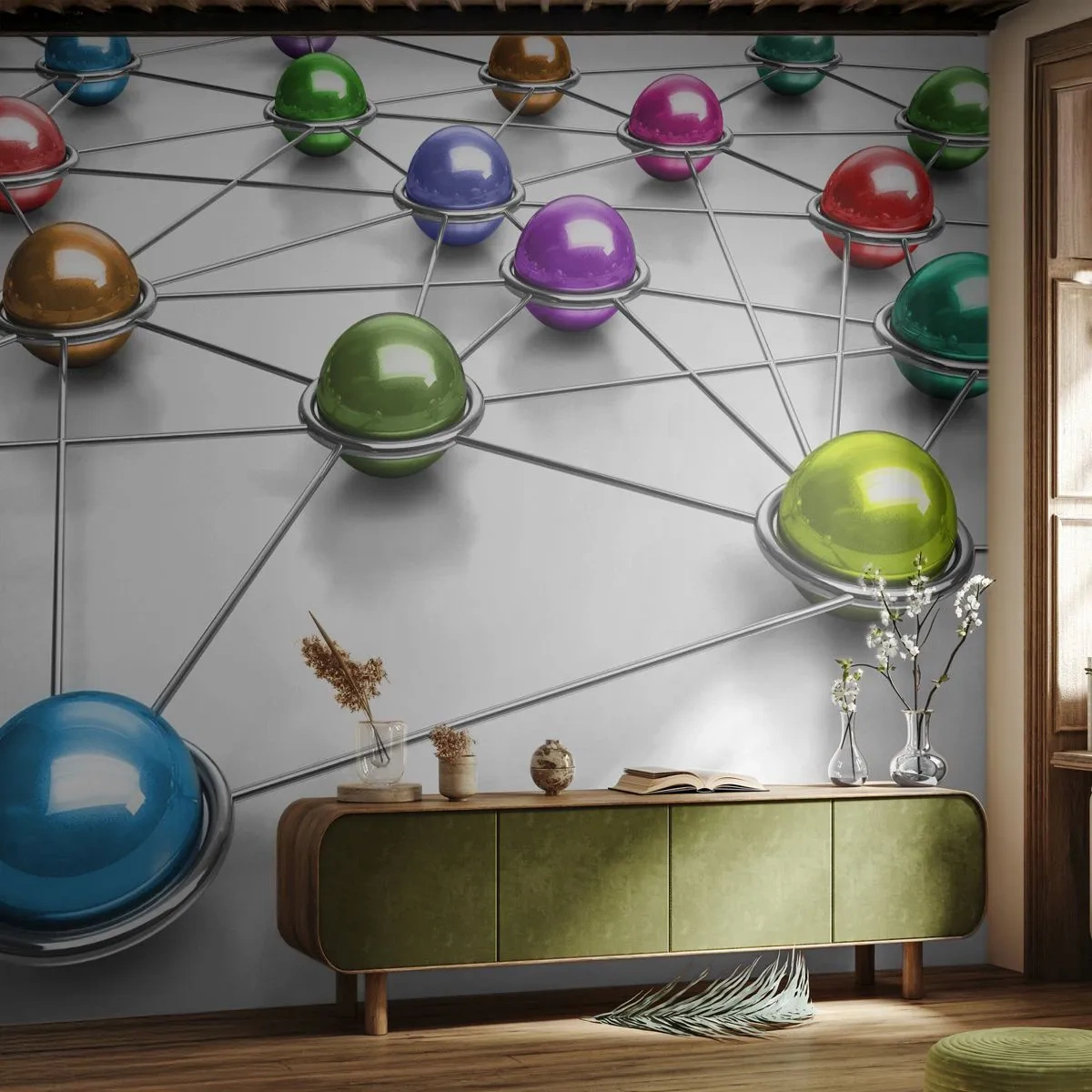 Fotobehang Standard Eco - Kosmisch spinnenweb - Abstractie, Metalen ballen, 3D - 450x315 cm