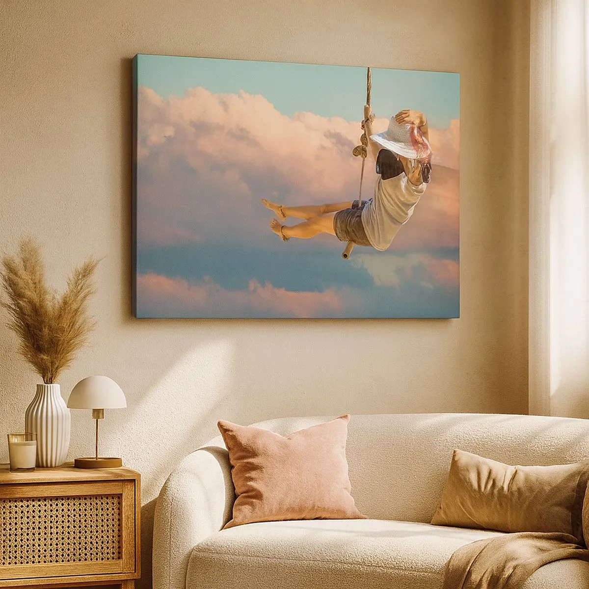 Schilderen op canvas - Vrouw op een schommel tussen roze wolken - 70x50cm - Plezier in de wolken - Moderne wanddecoratie voor woonkamer en slaapkamer ARTTOR