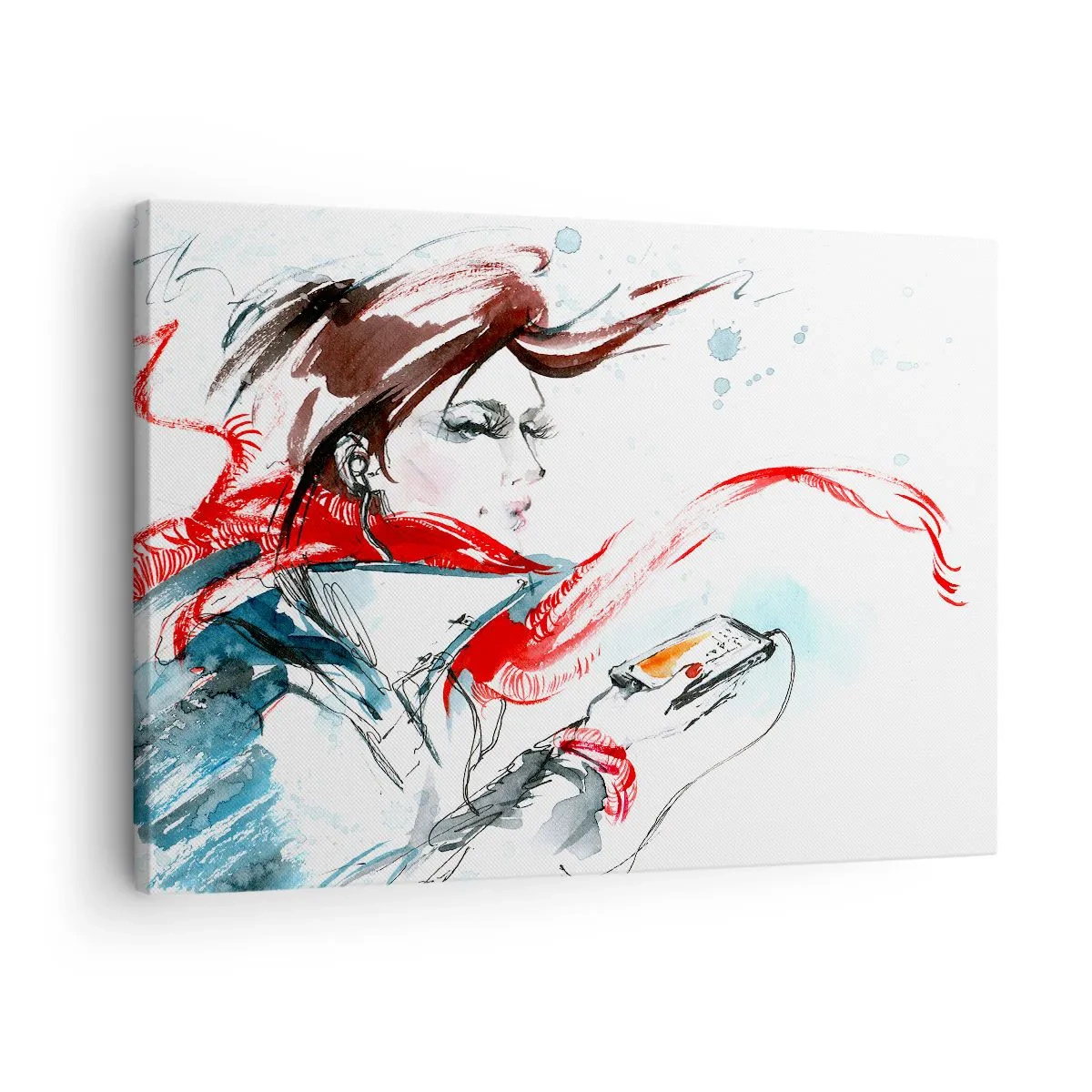 Schilderen op canvas - Een vrouw in een rode sjaal met dynamische aquarelstreken - 70x50cm - Er speelt iets in mij - Moderne wanddecoratie voor woonkamer en slaapkamer ARTTOR