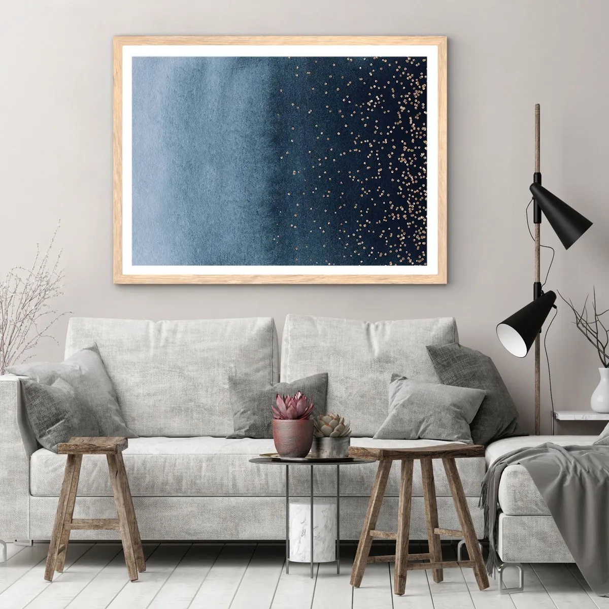 Een poster in een licht eiken lijst - Samenstelling - blauwe fasen - 100x70 cm