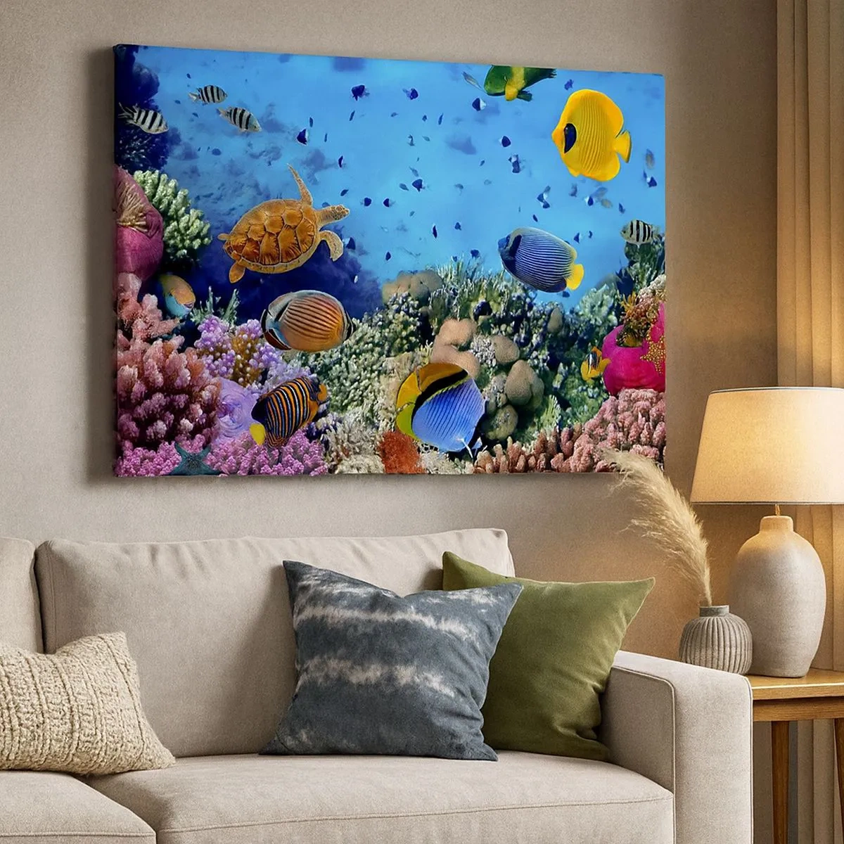 Schilderen op canvas - Koraalrif met kleurrijke vissen en een zeeschildpad - 70x50cm - En wat weten we over het leven... - Moderne wanddecoratie voor woonkamer en slaapkamer ARTTOR