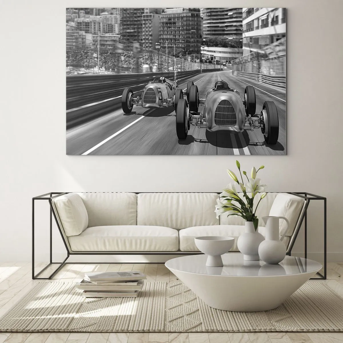 Schilderen op glas - Historische autorace in zwart-wit - 70x50cm - Lang geleden in Monte Carlo - Moderne wanddecoratie voor woonkamer en slaapkamer ARTTOR