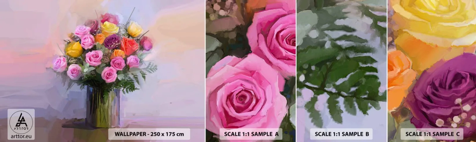 Fotobehang Monster Zelfklevend Deluxe Sticker - Ingehouden schoonheid - Vaas met bloemen, Boeket bloemen, Deel - 100x30 cm