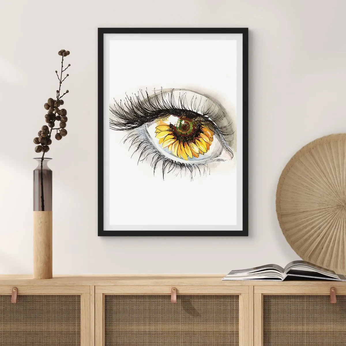 Poster in een zwarte lijst - Een oog met een gele zonnebloembloem in de pupil - 50x70cm - Een look zo warm als de zomer - Moderne wanddecoratie voor woonkamer en slaapkamer ARTTOR
