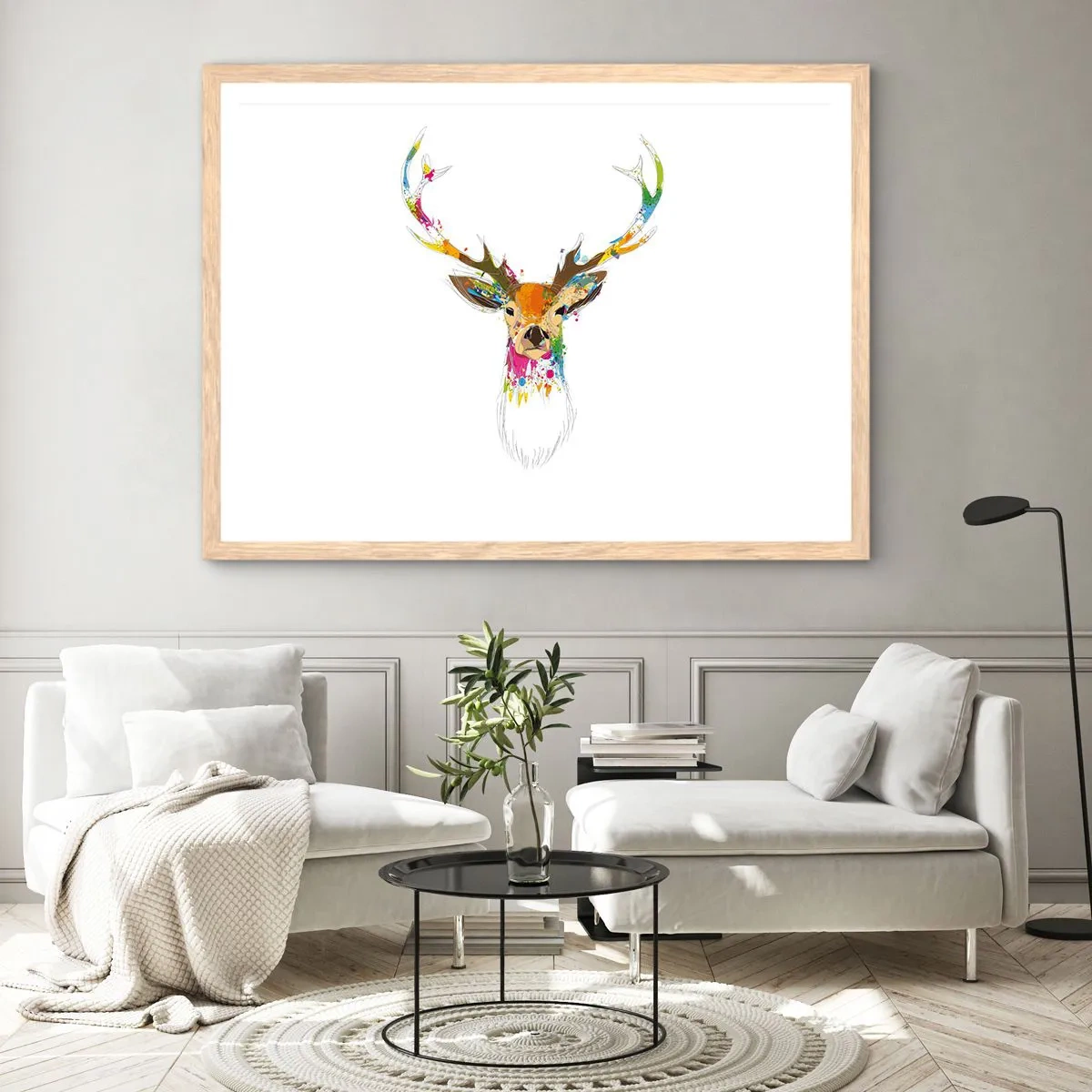 Een poster in een licht eiken lijst - Een zacht hert badend in kleur - 91x61 cm