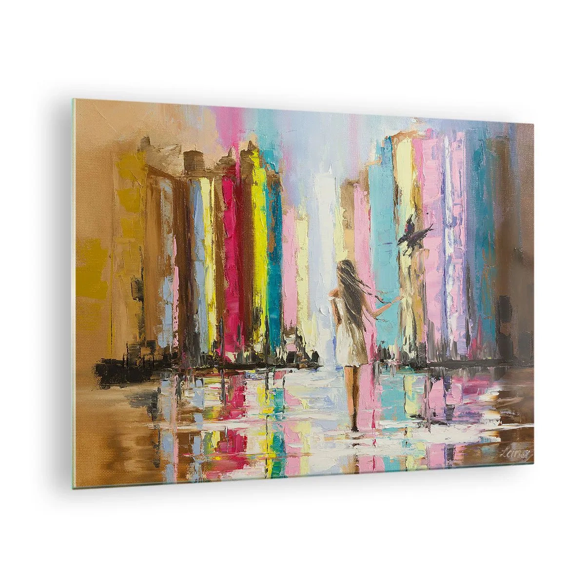 Schilderen op glas - Een vrouw met een vogel op de achtergrond van kleurrijke gebouwen - 70x50cm - Volg mij - Moderne wanddecoratie voor woonkamer en slaapkamer ARTTOR