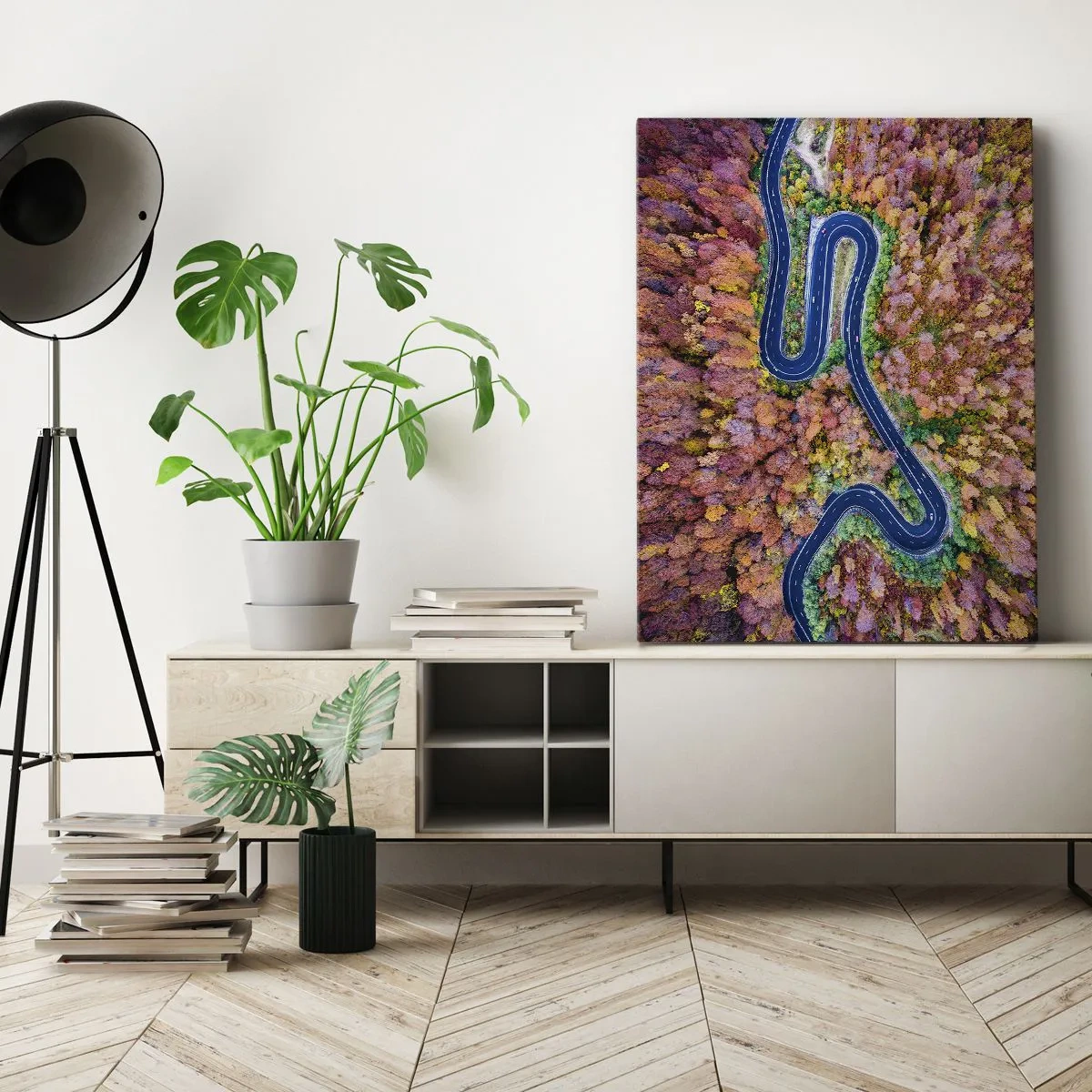 Schilderen op canvas - Een kronkelende weg door het bos - 65x120 cm