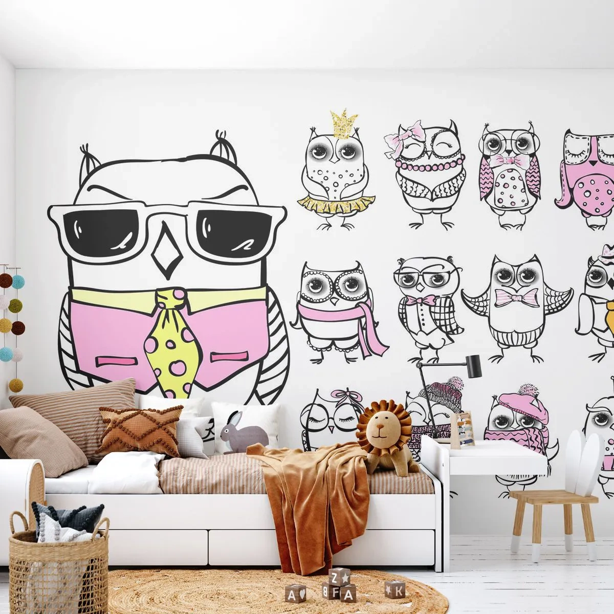 Fotobehang Premium Canvas - Zoveel rollen om te spelen - Voor kinderen, Uil, Kinderen - 250x175 cm