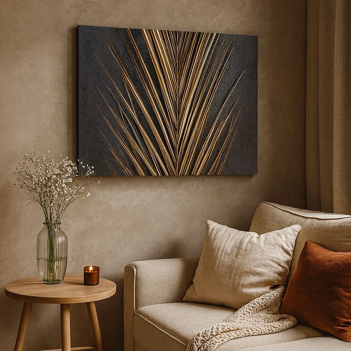 Schilderen op canvas - Gouden tropisch blad op een zwarte achtergrond - 70x50cm - Het goud van de tropen - Moderne wanddecoratie voor woonkamer en slaapkamer ARTTOR