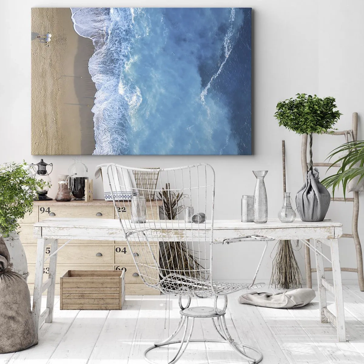 Schilderen op canvas - Een vogelperspectief op het strand en de zeegolven - 70x50cm - De kracht van blauw - Moderne wanddecoratie voor woonkamer en slaapkamer ARTTOR