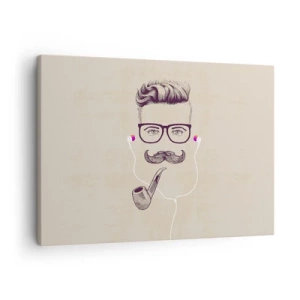 Schilderen op canvas - Retroportret van een man met pijp, koptelefoon en bril - 70x50cm - Een echte man? - Moderne wanddecoratie voor woonkamer en slaapkamer ARTTOR