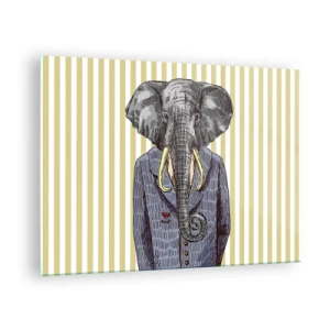 Schilderen op glas - Een olifant in een pak tegen een achtergrond van gele strepen - 70x50cm - Elegant van nature - Moderne wanddecoratie voor woonkamer en slaapkamer ARTTOR