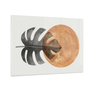 Schilderen op glas - Monstera-blad en oranje cirkel in grafische stijl op witte achtergrond. - 70x50cm - Altijd de zon - Moderne wanddecoratie voor woonkamer en slaapkamer ARTTOR