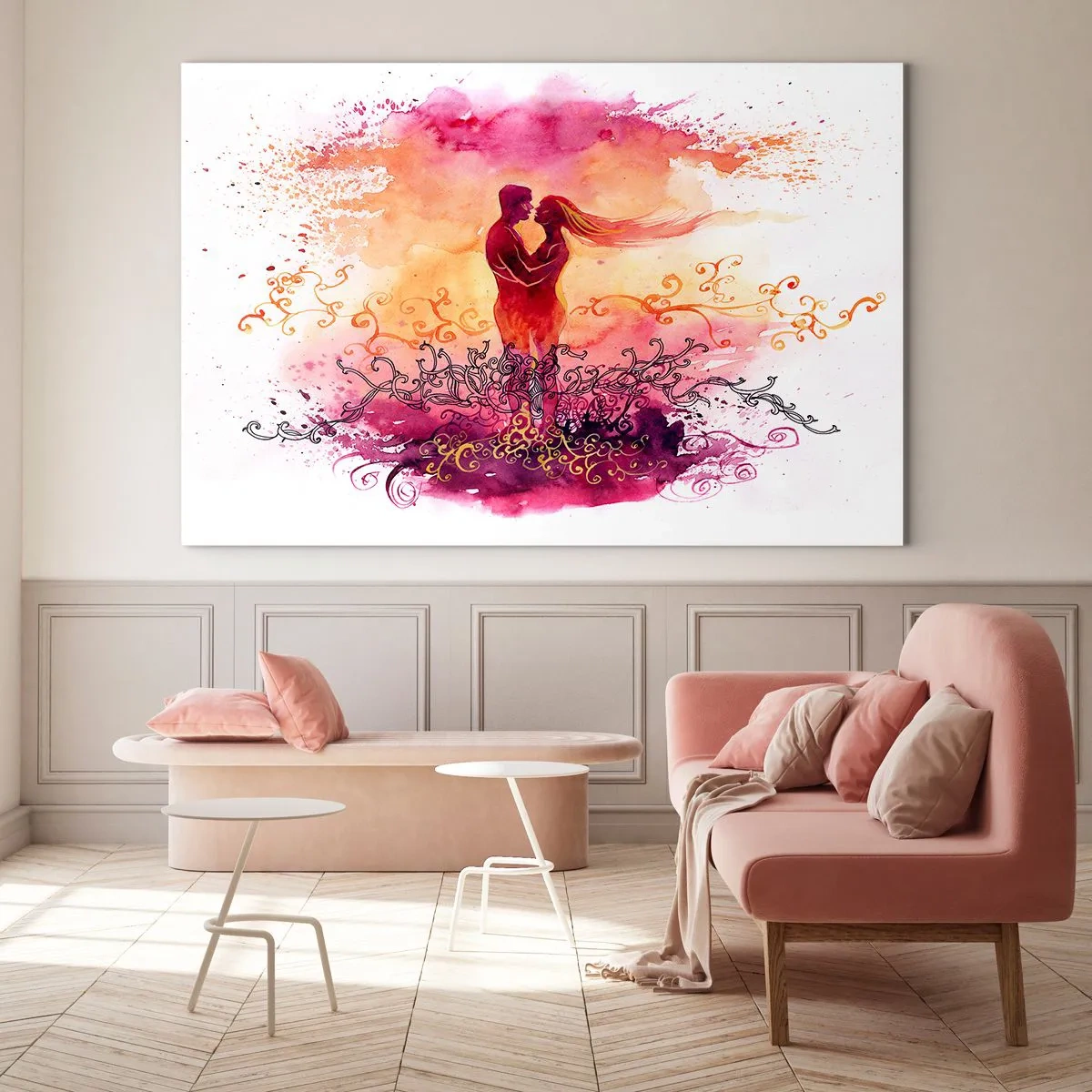 Schilderen op glas - Een romantisch stel in abstracte, warme kleuren - 70x50cm - Een hart! Ik heb zo weinig nodig... - Moderne wanddecoratie voor woonkamer en slaapkamer ARTTOR