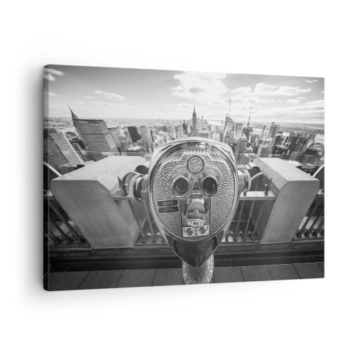 Schilderen op canvas - Monochroom uitzicht door de telescoop op het stadspanorama - 70x50cm - Stad boven de steden - Moderne wanddecoratie voor woonkamer en slaapkamer ARTTOR