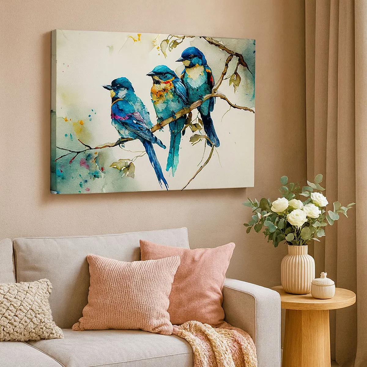 Schilderen op canvas - Drie kleurrijke vogels op een tak in aquarelstijl - 70x50cm - Is hij boos geworden? - Moderne wanddecoratie voor woonkamer en slaapkamer ARTTOR