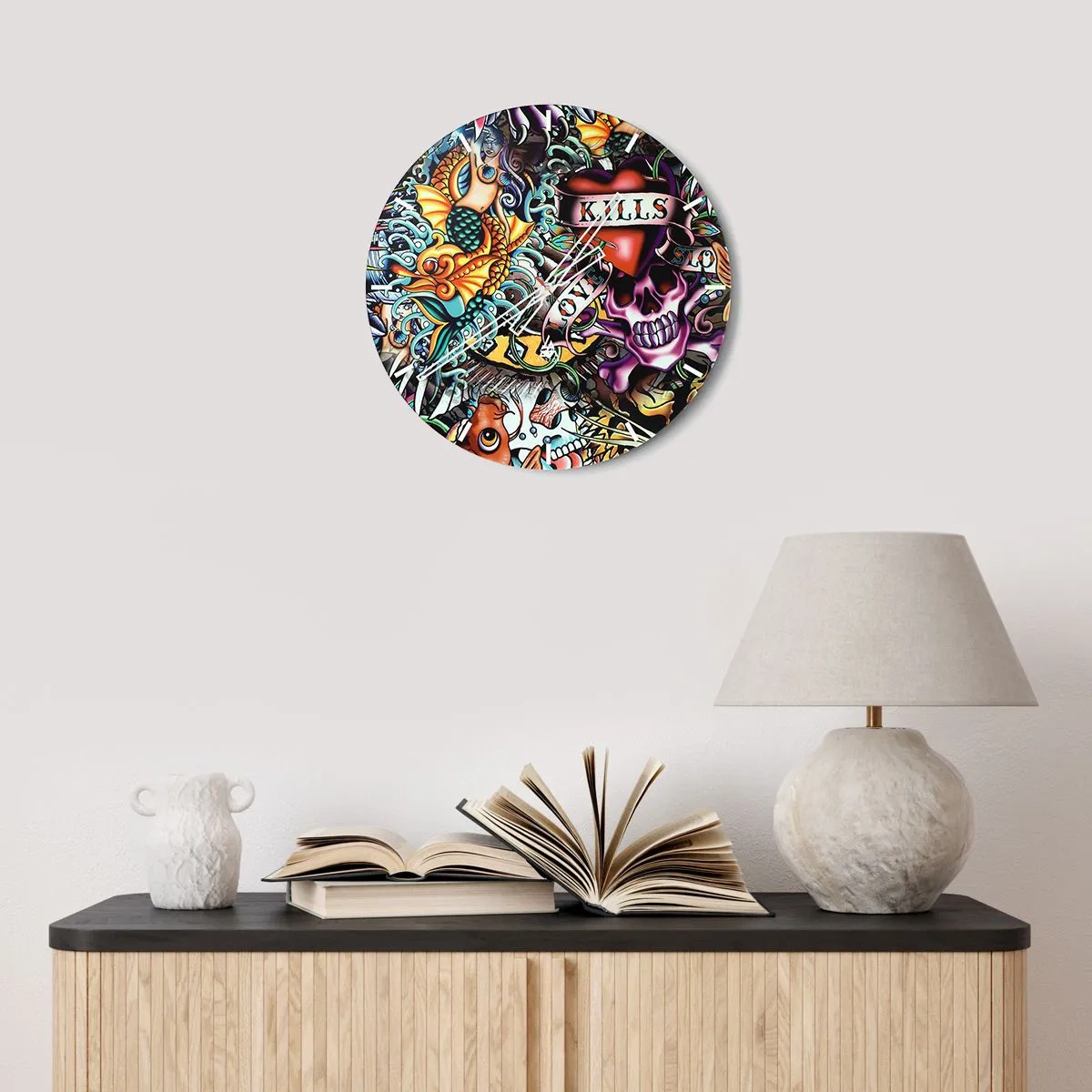 Wandklok - Klok - Kleurrijk schedel-, zeemeermin- en hart-tatoeagemotief - 30x30cm - De droom van de tatoeëerder - Moderne wanddecoratie voor woonkamer, keuken en slaapkamer ARTTOR