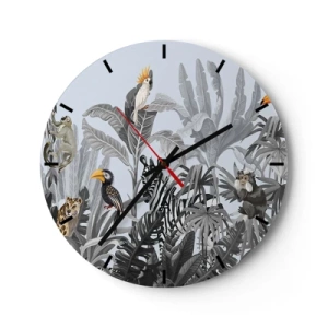 Wandklok - Klok - Tropische planten met exotische dieren tegen een jungleachtergrond - 30x30cm - Afrikaans sprookje - Moderne wanddecoratie voor woonkamer, keuken en slaapkamer ARTTOR